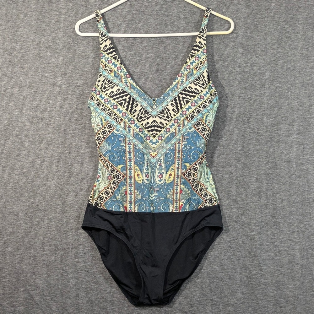 Jantzen Womens Paisley Geometric Mixed Print One Piece Swimsuit Blue Black Sz 8 - Picture 1 of 8